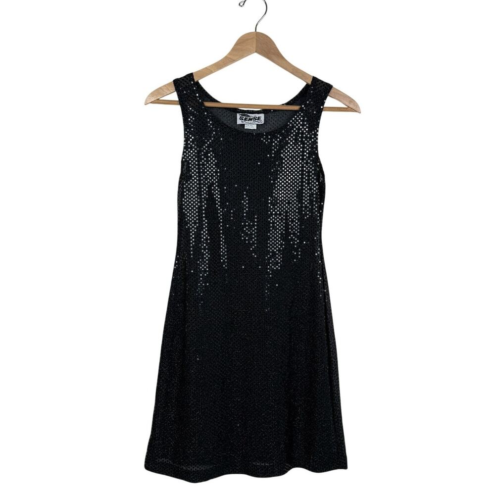 Vintage Sense Black Foil Sequin Mesh Mini Dress Sheer Party Made in USA 80s 90s